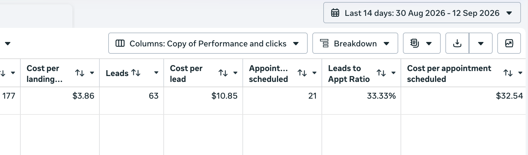 Meta Ads dashboard showing leads to appointment ratio